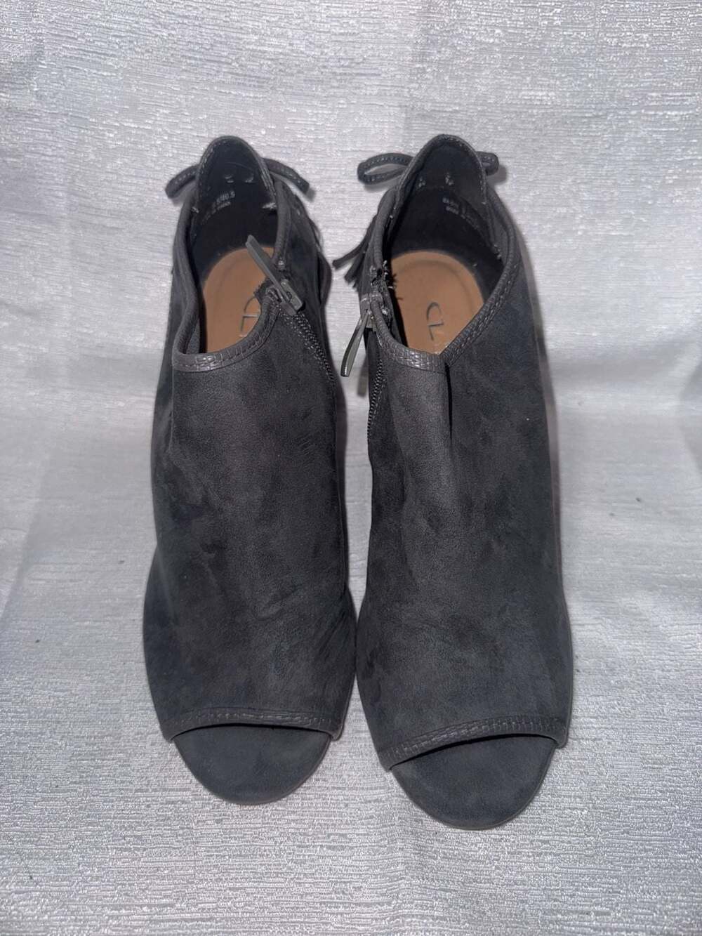 CL by Laundry Grey Faux Suede Peep Toe Wedge Booties with Tassel Detail